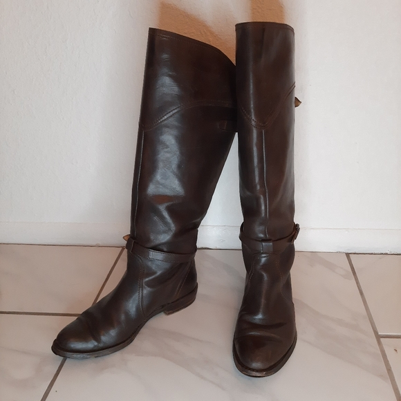 Worn in Frye Dorado Brown Leather Tall Riding Boots with Buckle Details - Picture 3 of 16